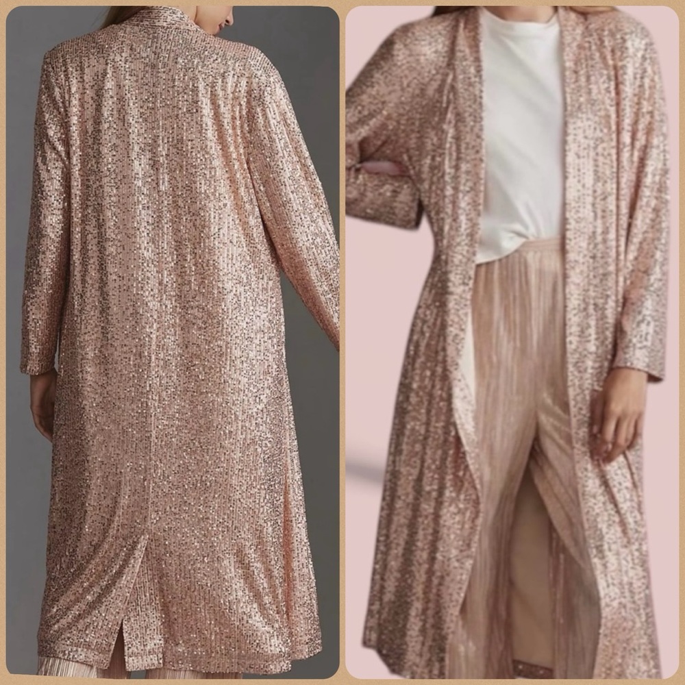 Mare Mare x Anthropologie Longline Sequin Kimono XS Rose Gold Pink Open Duster